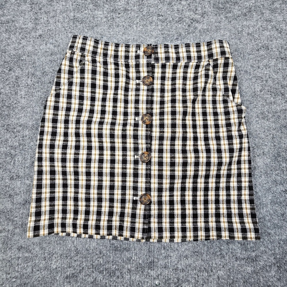 Hollister Plaid Button Front Mini Skirt Size Small Black White Yellow High Rise